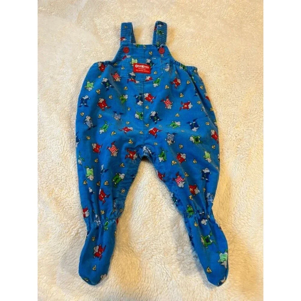 Rare Vtg OshKosh B’Gosh Vestbak Corduroy Footie Overalls Baby Boy Mice & Cheese